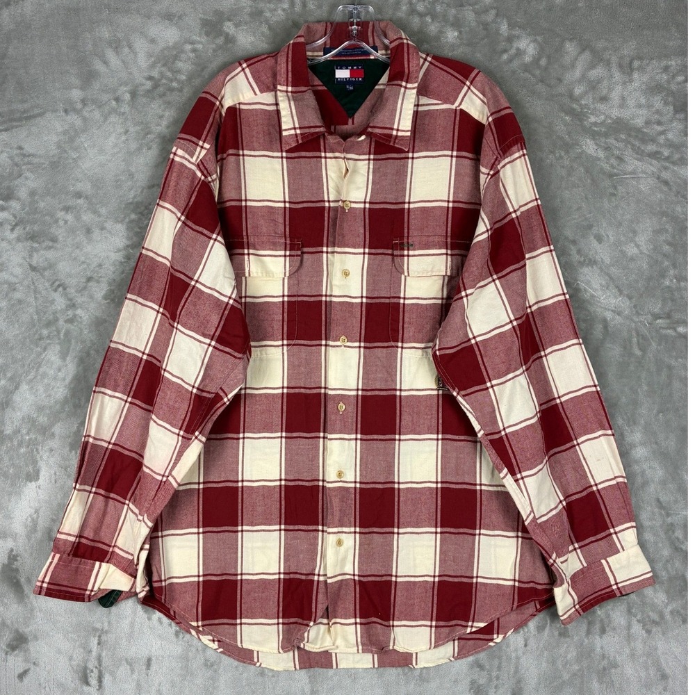Tommy Hilfiger Mens XL Red Plaid Cotton Flannel Button Down Shirt Long Sleeve